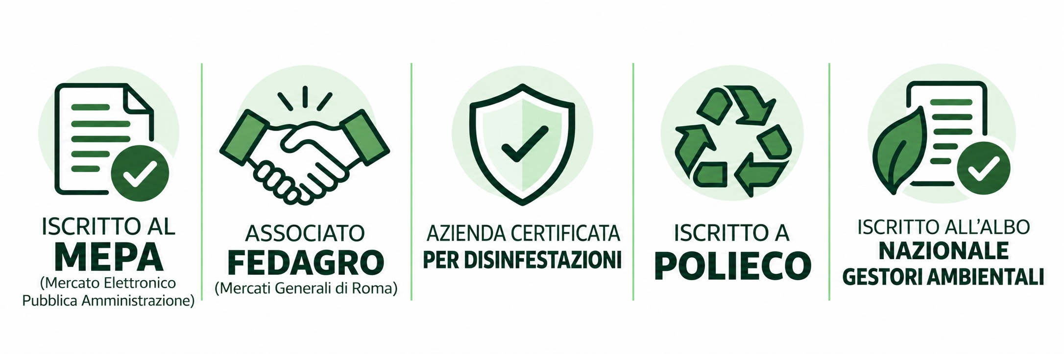 Iscritto al MEPA; associato FEDAGRO; azienda certificata per disinfestazioni; iscritto a POLIECO; iscritto all’Albo Nazionale Gestori Ambientali.